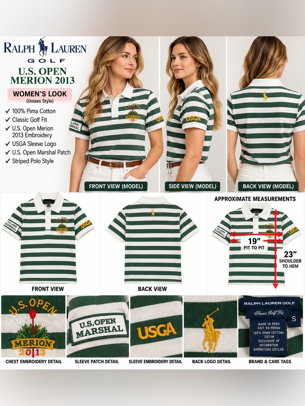 Ralph Lauren Golf U.S. Open Merion 2013 Polo Women’s S Green White Stripe USGA